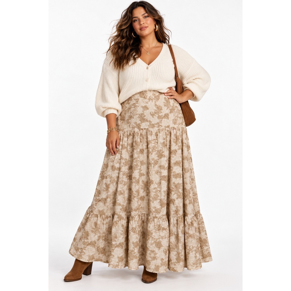 Peace Love World Boheme Collection Floral Maxi Skirt Tan Cream 2X Boho Tiered